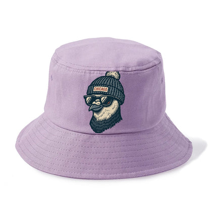 Chicago Pigeon wearing Chicago beanie with pom pom and wayfarer sunglasses - Bucket Hat - Purple