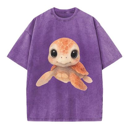 Baby Loggerhead Turtle - reddish-brown shell, big round dark eyes, chunky head, - Vintage T-shirt - Purple