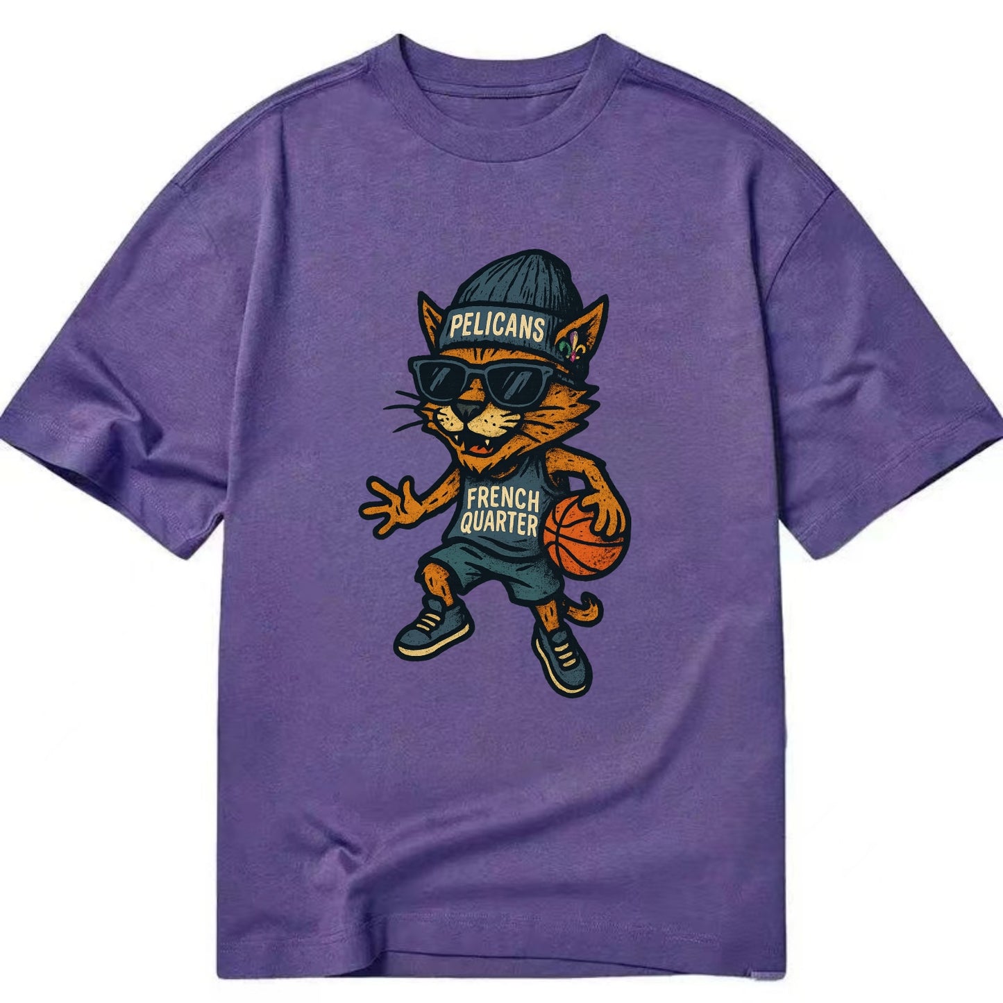 French Quarter Cat wearing Pelicans beanie with Mardi Gras patch and wayfarer - Classic T-shirt - Purple