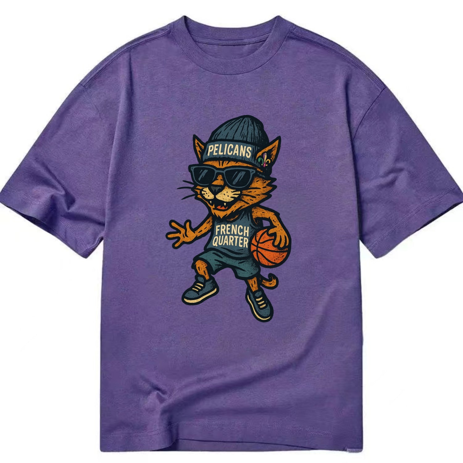 French Quarter Cat wearing Pelicans beanie with Mardi Gras patch and wayfarer - Classic T-shirt - Purple