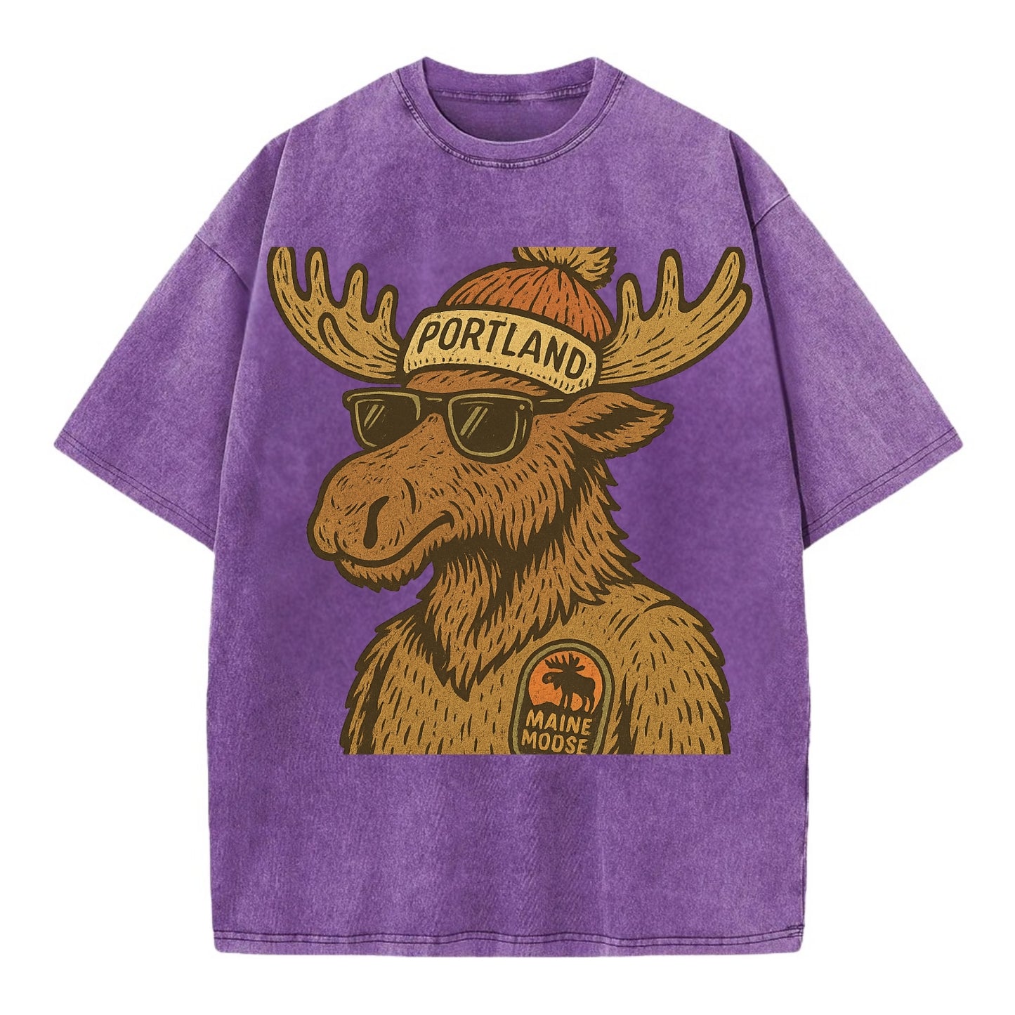 Maine Moose wearing Portland beanie with pom pom and wayfarer sunglasses - Vintage T-shirt - Purple