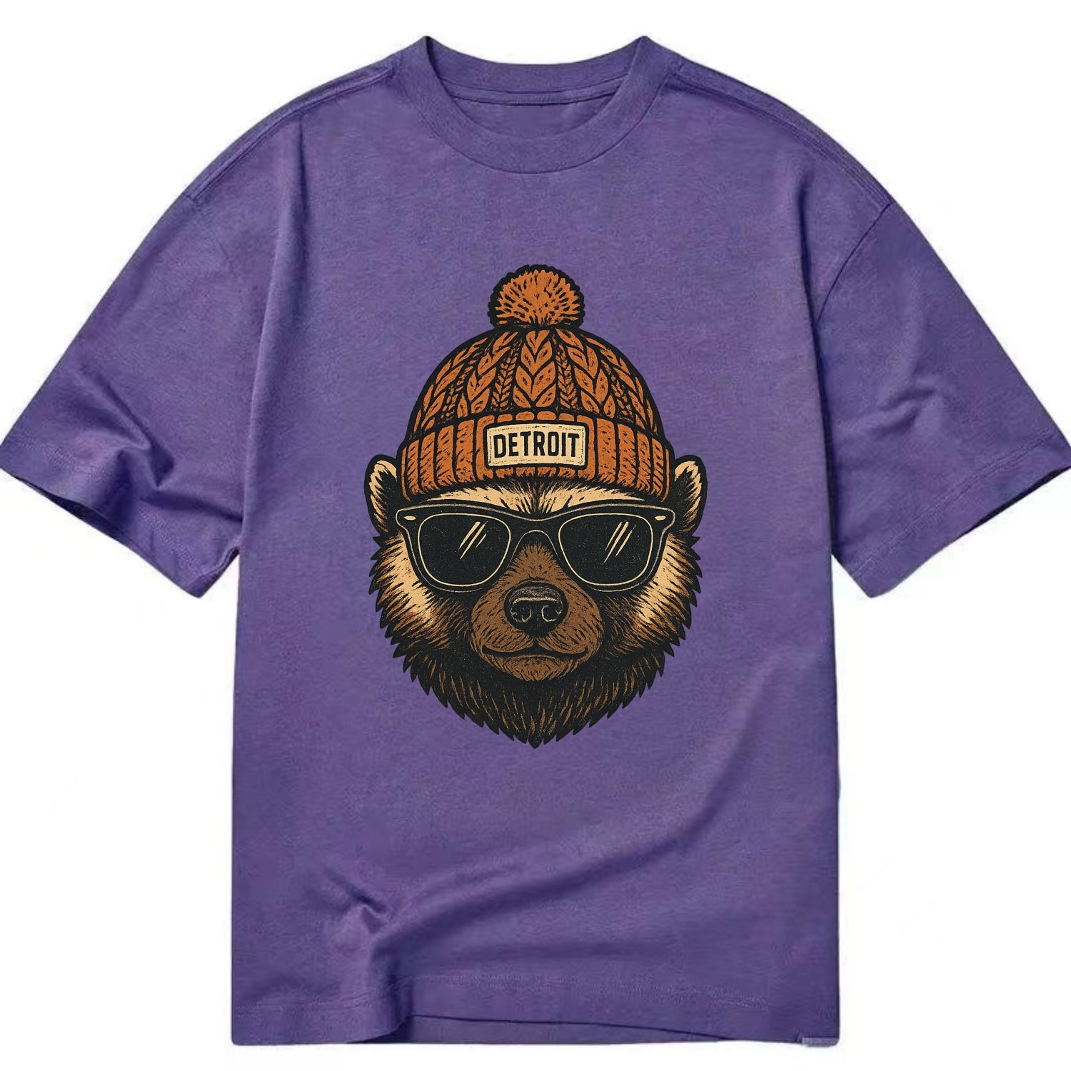 Detroit Wolverine wearing Detroit beanie with pom pom and wayfarer sunglasses - Classic T-shirt - Purple