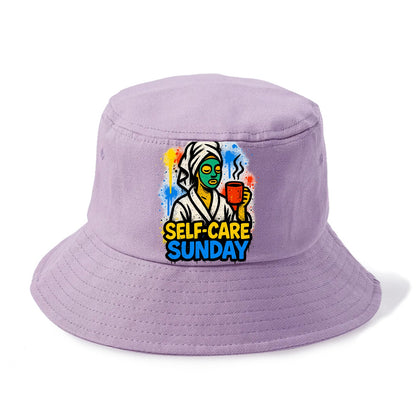 Person in bathrobe with face mask and tea - self-care Sunday ritual, wellness aesthetic - Bucket Hat - Purple