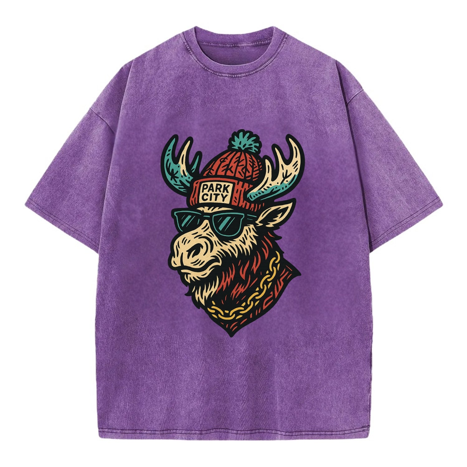 Park City Moose wearing Park City beanie with pom pom and wayfarer sunglasses - Vintage T-shirt - Purple