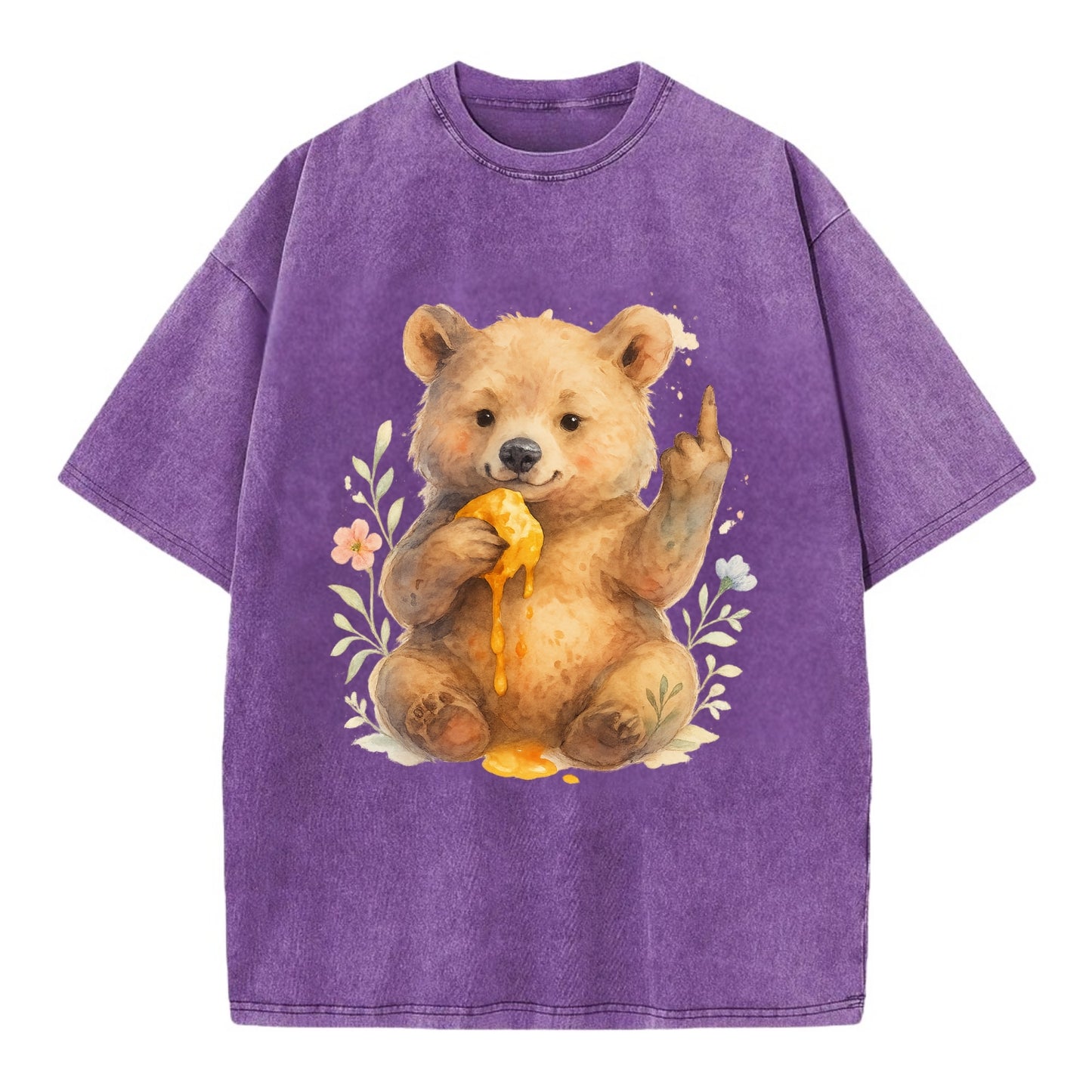 chubby bear cub eating dripping honey, sticky paw up with middle finger - Vintage T-shirt - Purple