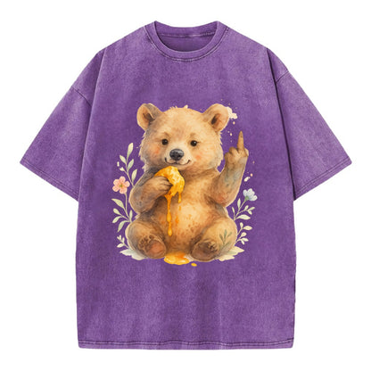 chubby bear cub eating dripping honey, sticky paw up with middle finger - Vintage T-shirt - Purple