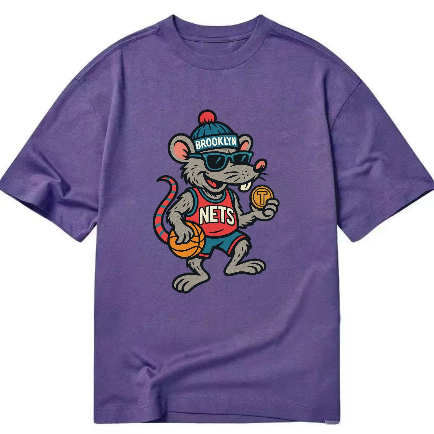 Brooklyn Rat wearing Nets beanie with subway token and wayfarer sunglasses - Classic T-shirt - Purple