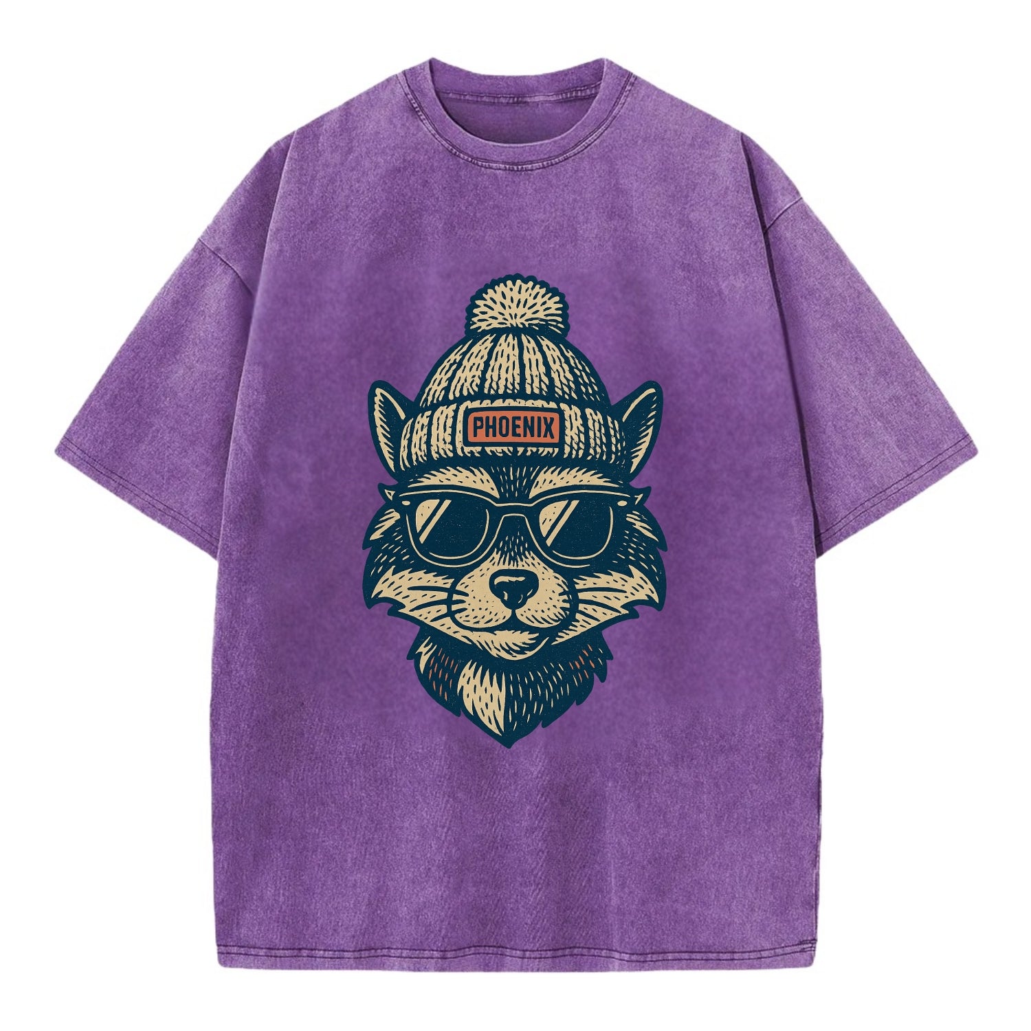 Arizona Ringtail wearing Phoenix beanie with pom pom and wayfarer sunglasses - Vintage T-shirt - Purple