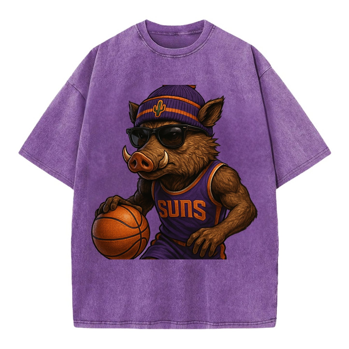 Phoenix Javelina wearing Suns beanie with cactus patch and wayfarer sunglasses - Vintage T-shirt - Purple