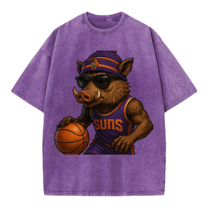 Phoenix Javelina wearing Suns beanie with cactus patch and wayfarer sunglasses - Vintage T-shirt - Purple