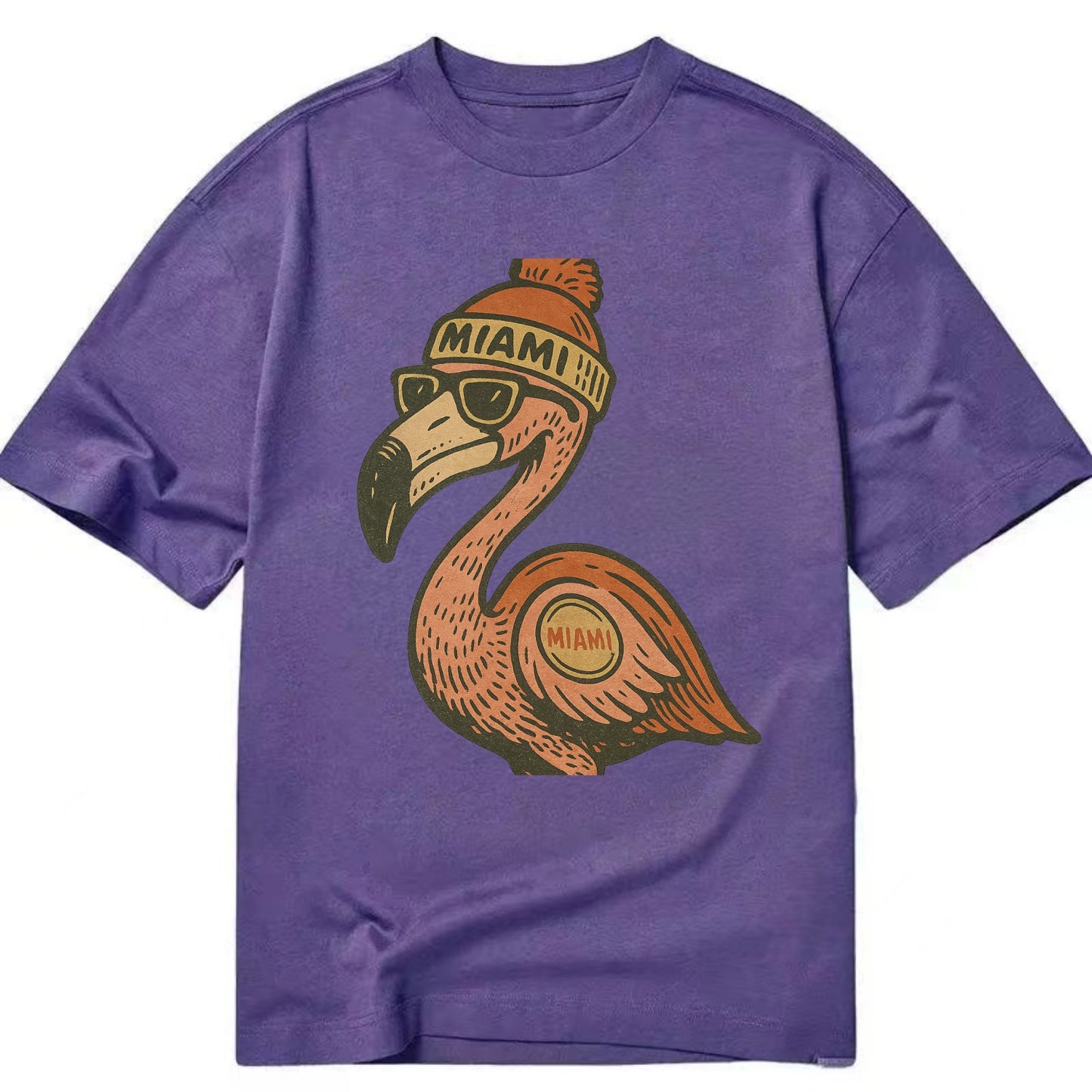 Miami Flamingo wearing Miami beanie with pom pom and wayfarer sunglasses - Classic T-shirt - Purple