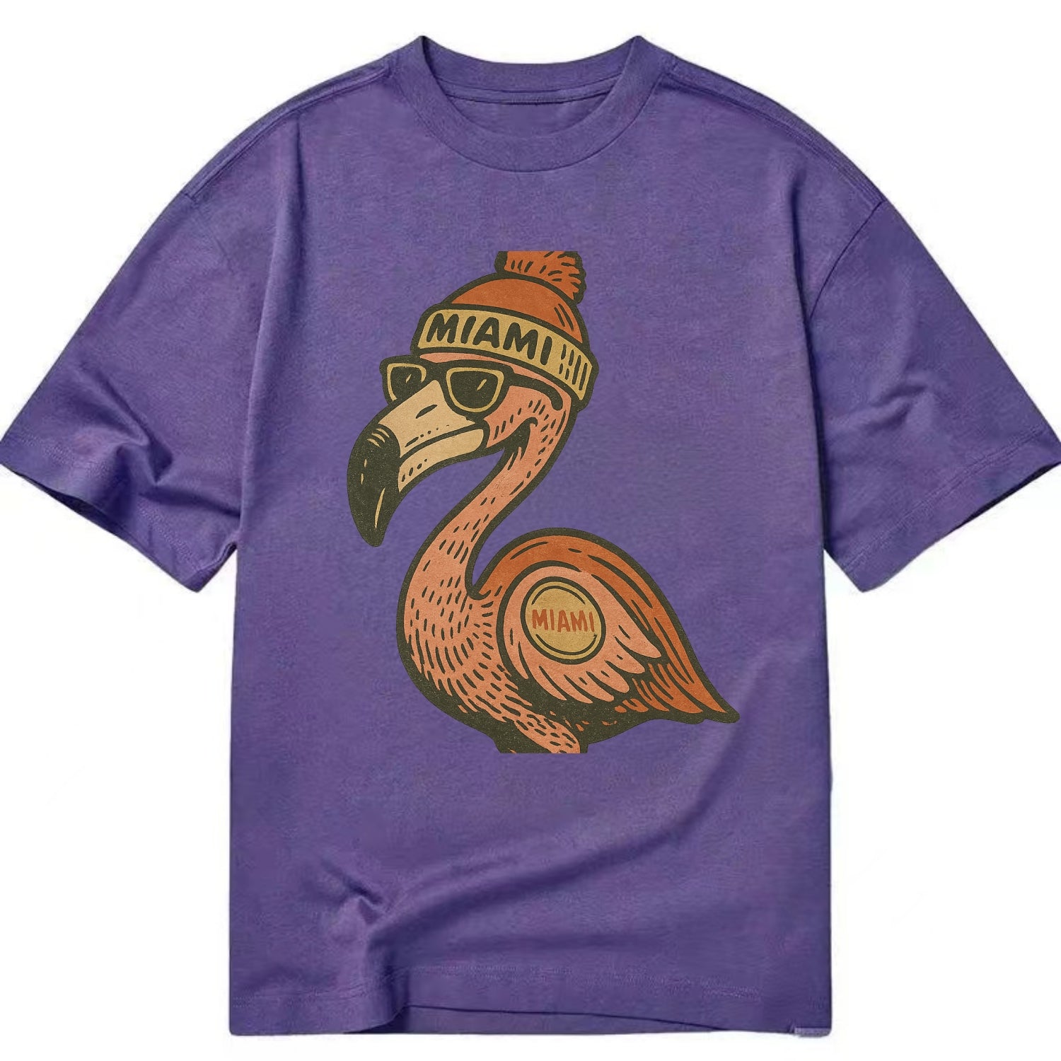 Miami Flamingo wearing Miami beanie with pom pom and wayfarer sunglasses - Classic T-shirt - Purple