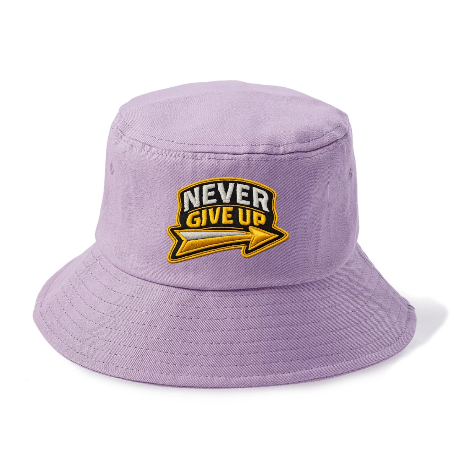 NEVER GIVE UP - bold text with arrow in gold , determination - Bucket Hat - Purple