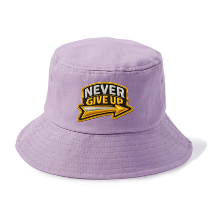 NEVER GIVE UP - bold text with arrow in gold , determination - Bucket Hat - Purple