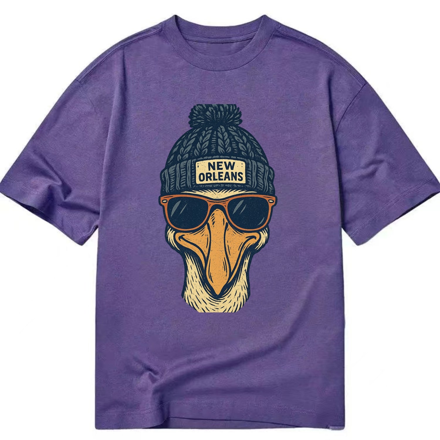 New Orleans Pelican wearing New Orleans beanie with pom pom and wayfarer - Classic T-shirt - Purple
