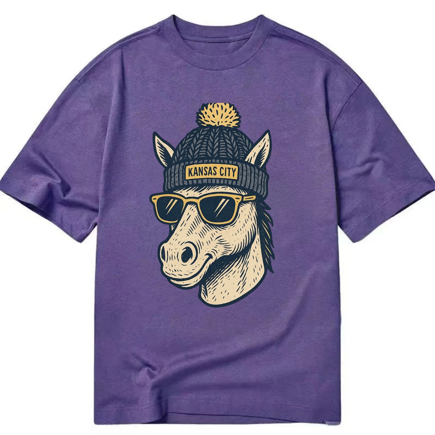 Missouri Mule wearing Kansas City beanie with pom pom and wayfarer sunglasses - Classic T-shirt - Purple