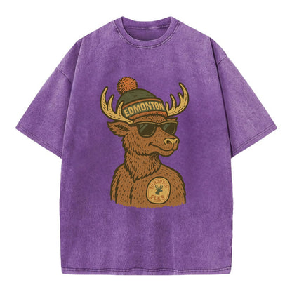 Edmonton Elk wearing Edmonton beanie with pom pom and wayfarer sunglasses - Vintage T-shirt - Purple