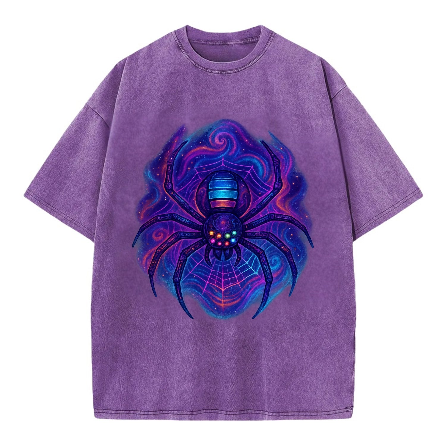 Tech spider with legs showing circuit board patterns, web glowing in neon grid - Vintage T-shirt - Purple