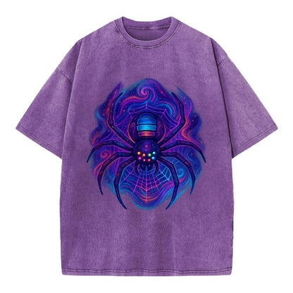 Tech spider with legs showing circuit board patterns, web glowing in neon grid - Vintage T-shirt - Purple