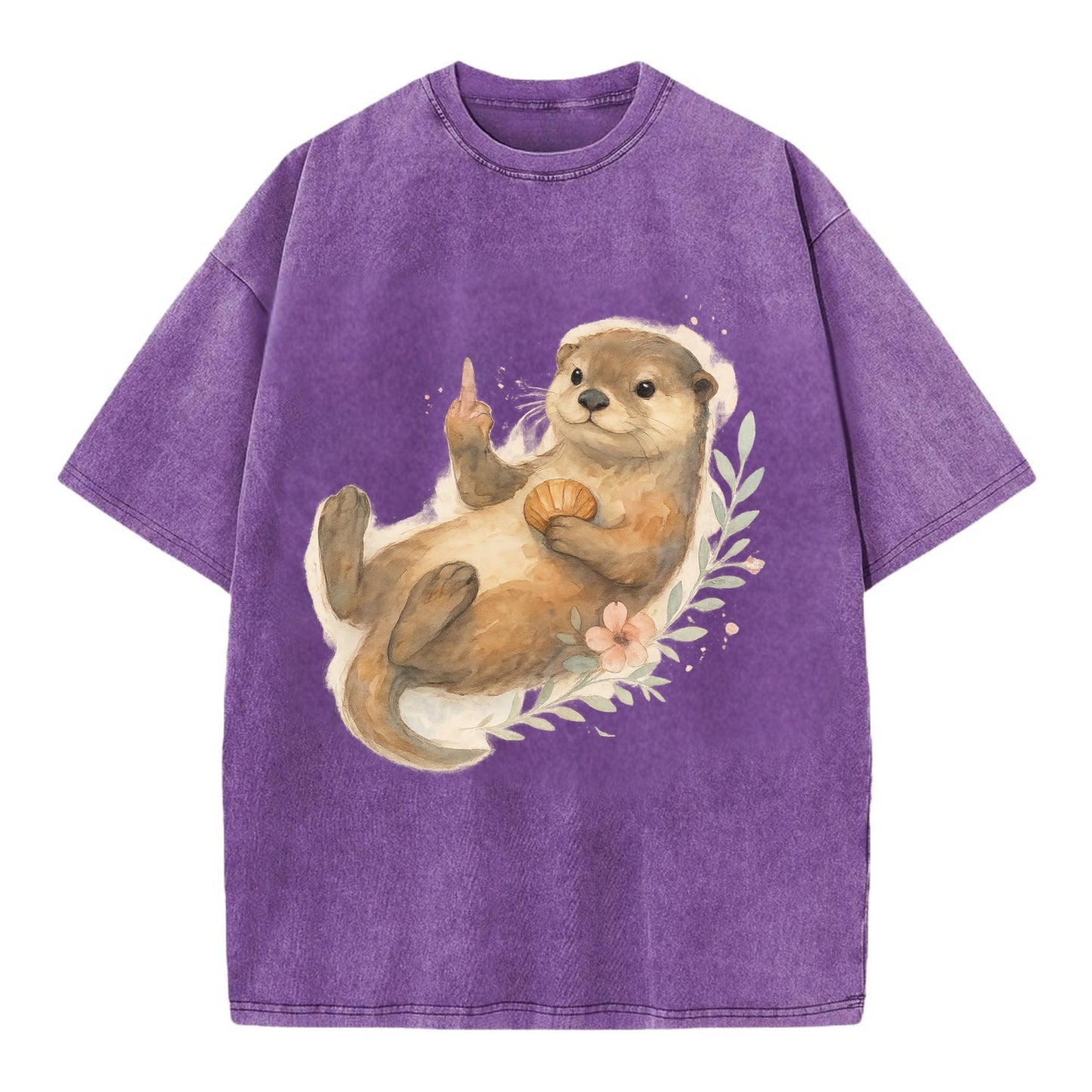 adorable otter floating on back, middle finger up while holding a shellfish - Vintage T-shirt - Purple