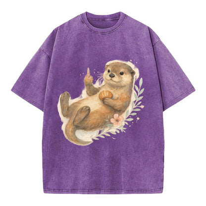 adorable otter floating on back, middle finger up while holding a shellfish - Vintage T-shirt - Purple