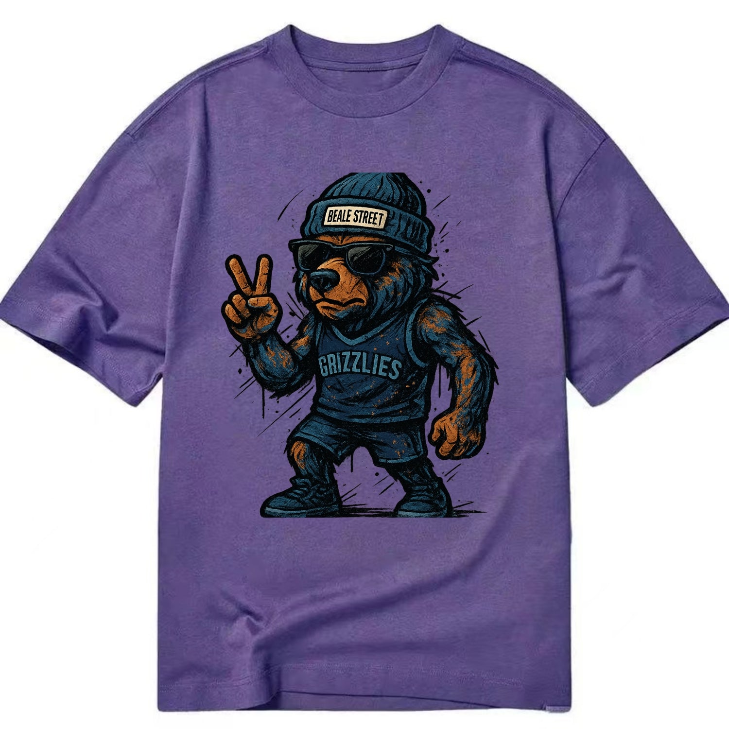 Memphis Grizzly Bear wearing Grizzlies navy and light blue beanie with Beale - Classic T-shirt - Purple