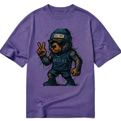 Memphis Grizzly Bear wearing Grizzlies navy and light blue beanie with Beale - Classic T-shirt - Purple