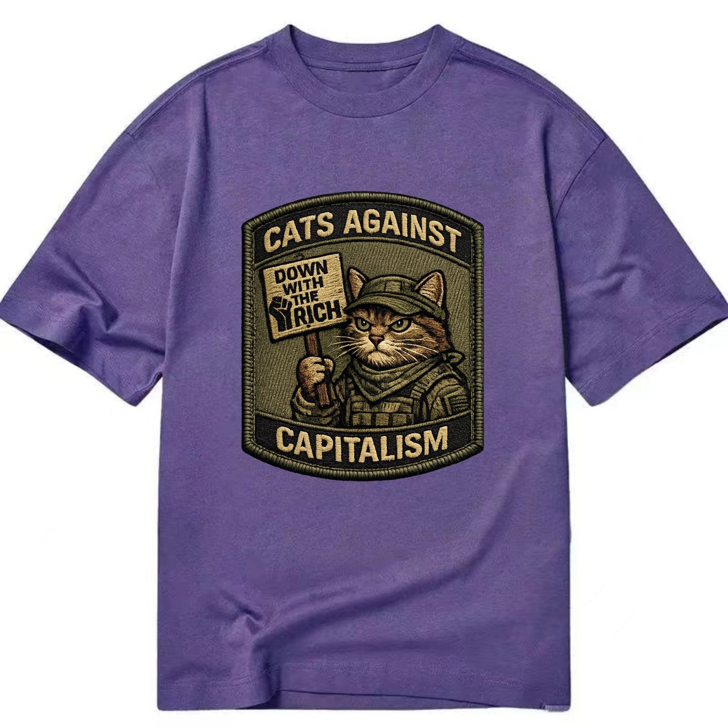 CATS AGAINST CAPITALISM - cat with protest sign in red , political cat - Classic T-shirt - Purple