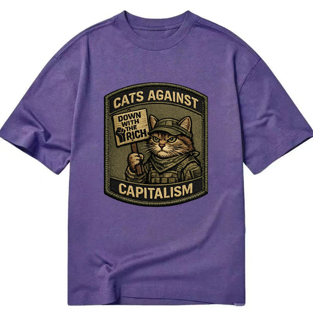 CATS AGAINST CAPITALISM - cat with protest sign in red , political cat - Classic T-shirt - Purple