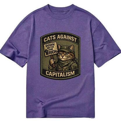 CATS AGAINST CAPITALISM - cat with protest sign in red , political cat - Classic T-shirt - Purple