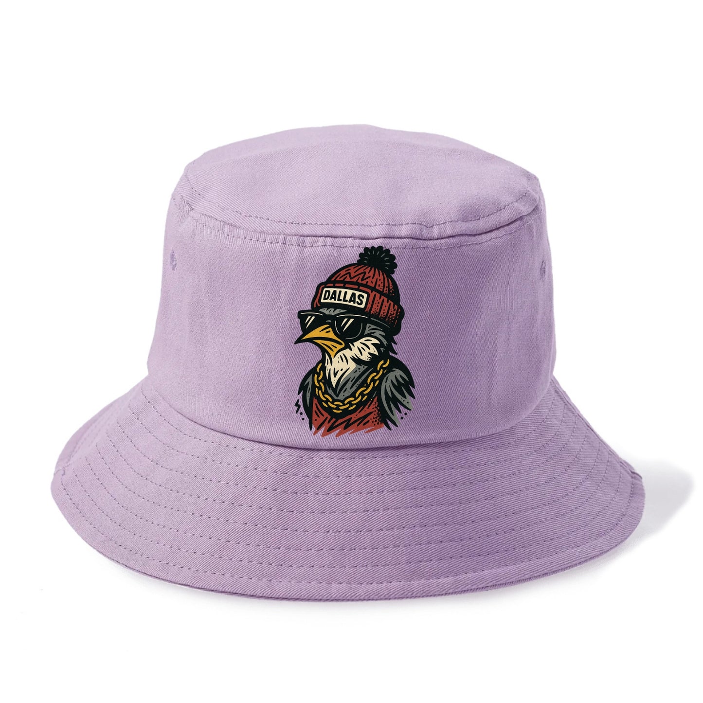Dallas Mockingbird wearing Dallas beanie with pom pom and wayfarer sunglasses - Bucket Hat - Purple