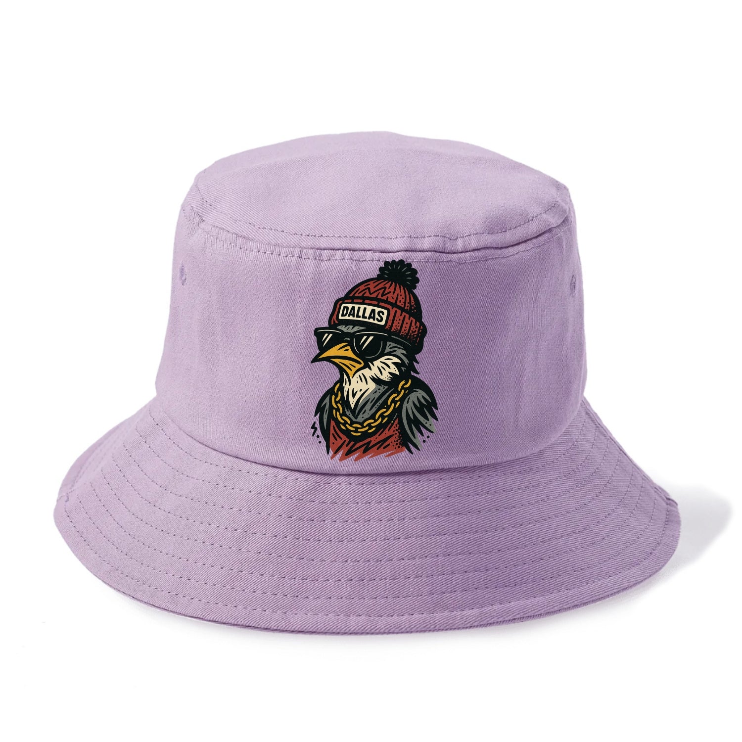 Dallas Mockingbird wearing Dallas beanie with pom pom and wayfarer sunglasses - Bucket Hat - Purple