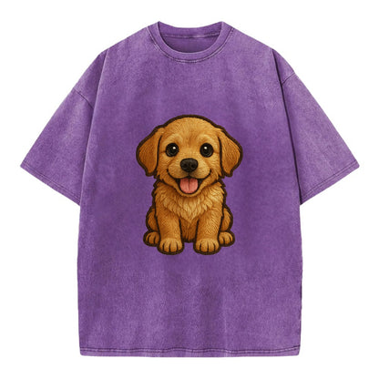 Baby Golden Retriever Puppy - fluffy golden fur, big brown eyes, pink tongue, - Vintage T-shirt - Purple