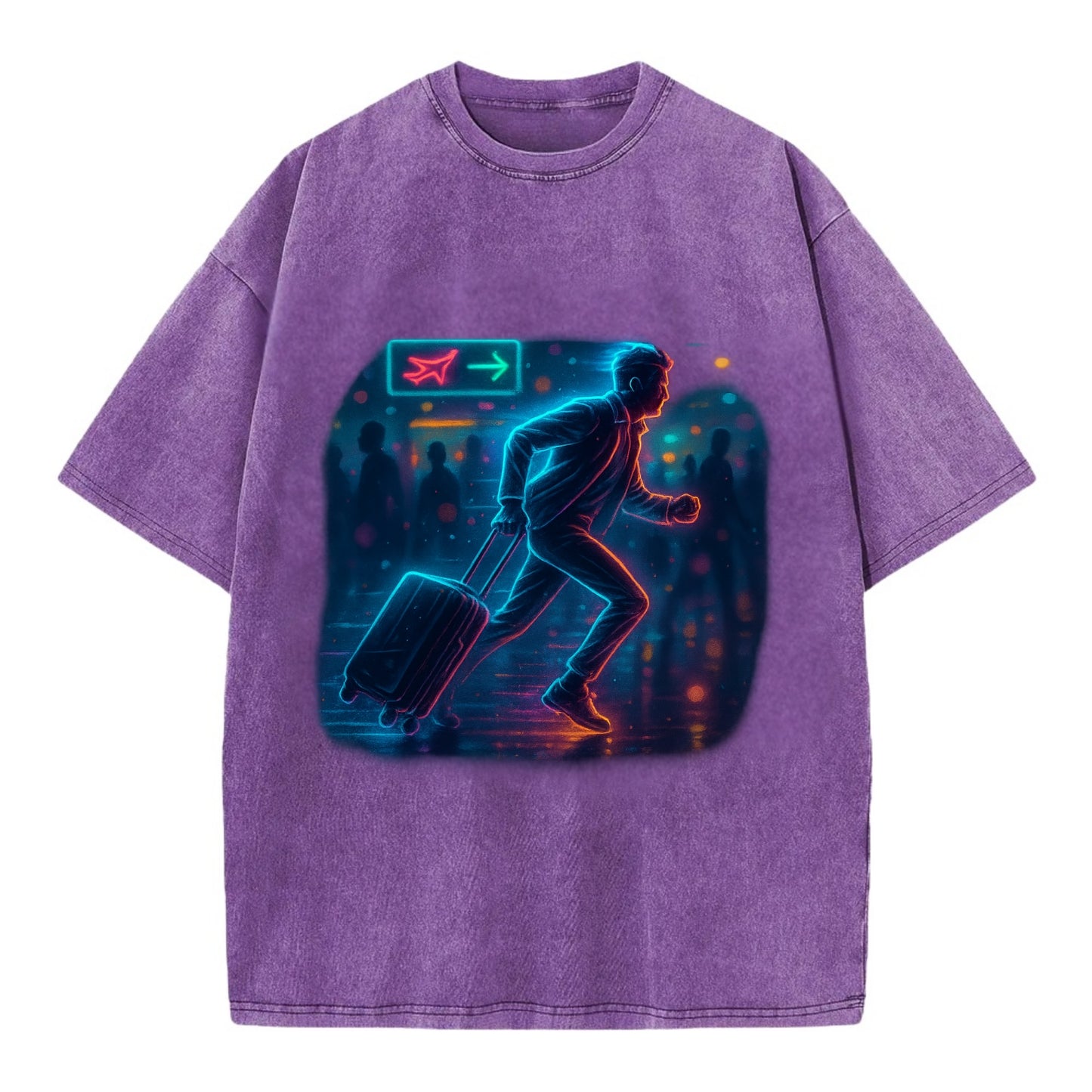 person running with luggage through crowded airport terminal - Vintage T-shirt - Purple