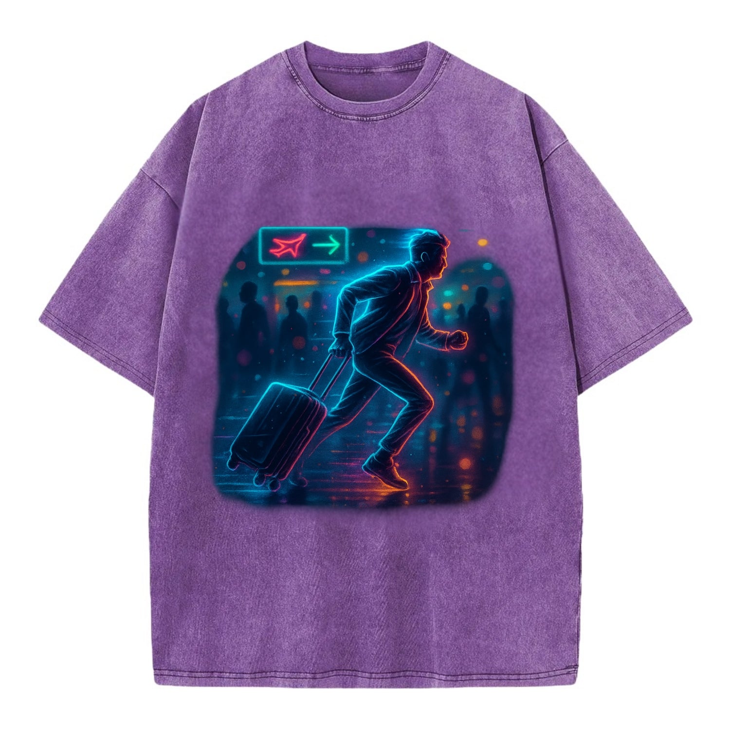 person running with luggage through crowded airport terminal - Vintage T-shirt - Purple