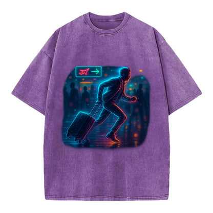 person running with luggage through crowded airport terminal - Vintage T-shirt - Purple