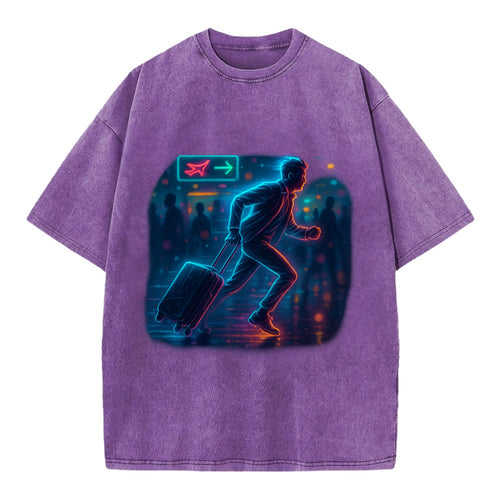 person running with luggage through crowded airport terminal - Vintage T-shirt