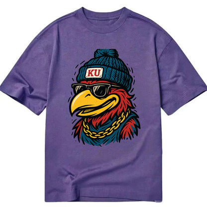 Lawrence Jayhawk wearing Kansas beanie with KU patch - Classic T-shirt - Purple