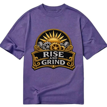 RISE AND GRIND - sun with gears in gold , morning motivation - Classic T-shirt - Purple