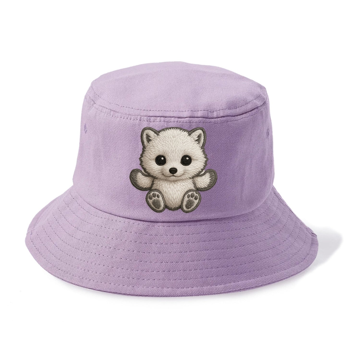 Baby Arctic Fox - white fluffy, tiny black nose, bright curious eyes, front-facing, - Bucket Hat - Purple