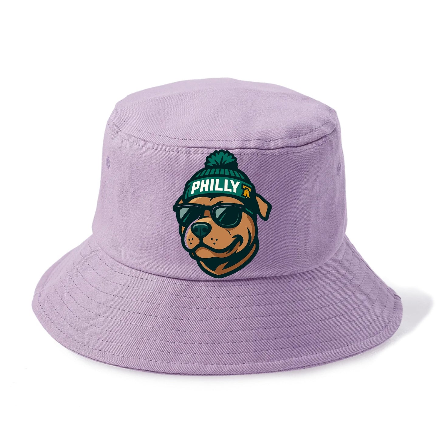 Philly Pitbull wearing Eagles beanie with Liberty Bell patch and wayfarer sunglasses - Bucket Hat - Purple