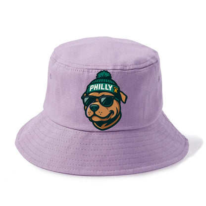 Philly Pitbull wearing Eagles beanie with Liberty Bell patch and wayfarer sunglasses - Bucket Hat - Purple