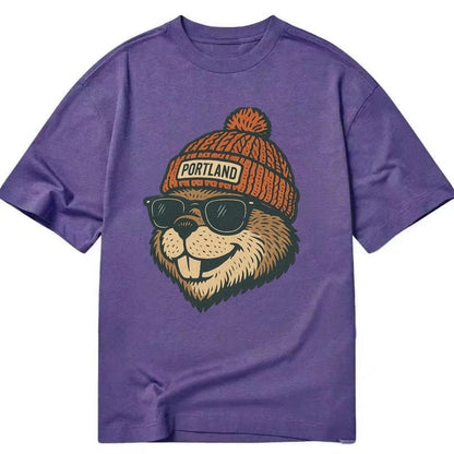 Oregon Beaver wearing Portland beanie with pom pom and wayfarer sunglasses - Classic T-shirt - Purple