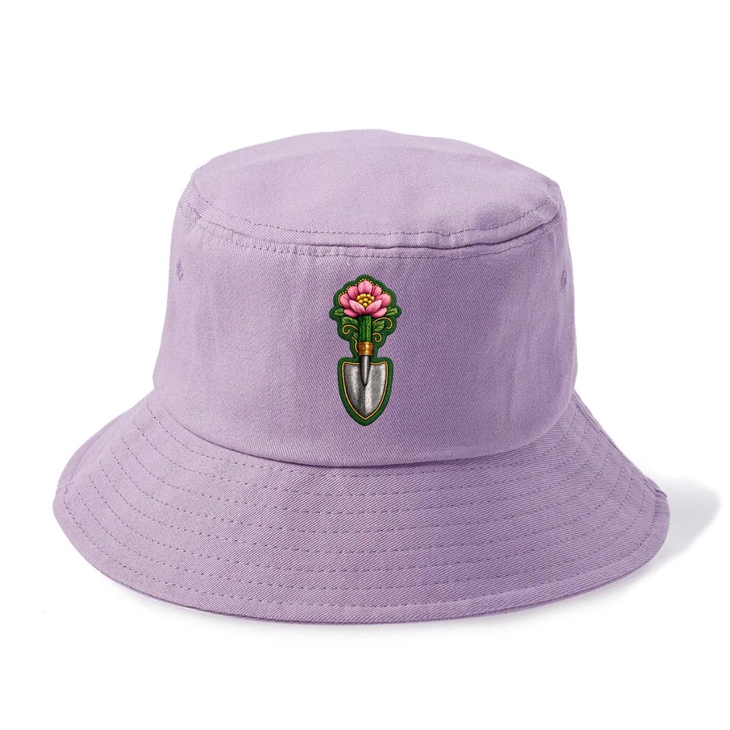 Embroidered patch design - GARDENING TROWEL FLOWER - garden tool with blooming flower - Bucket Hat - Purple