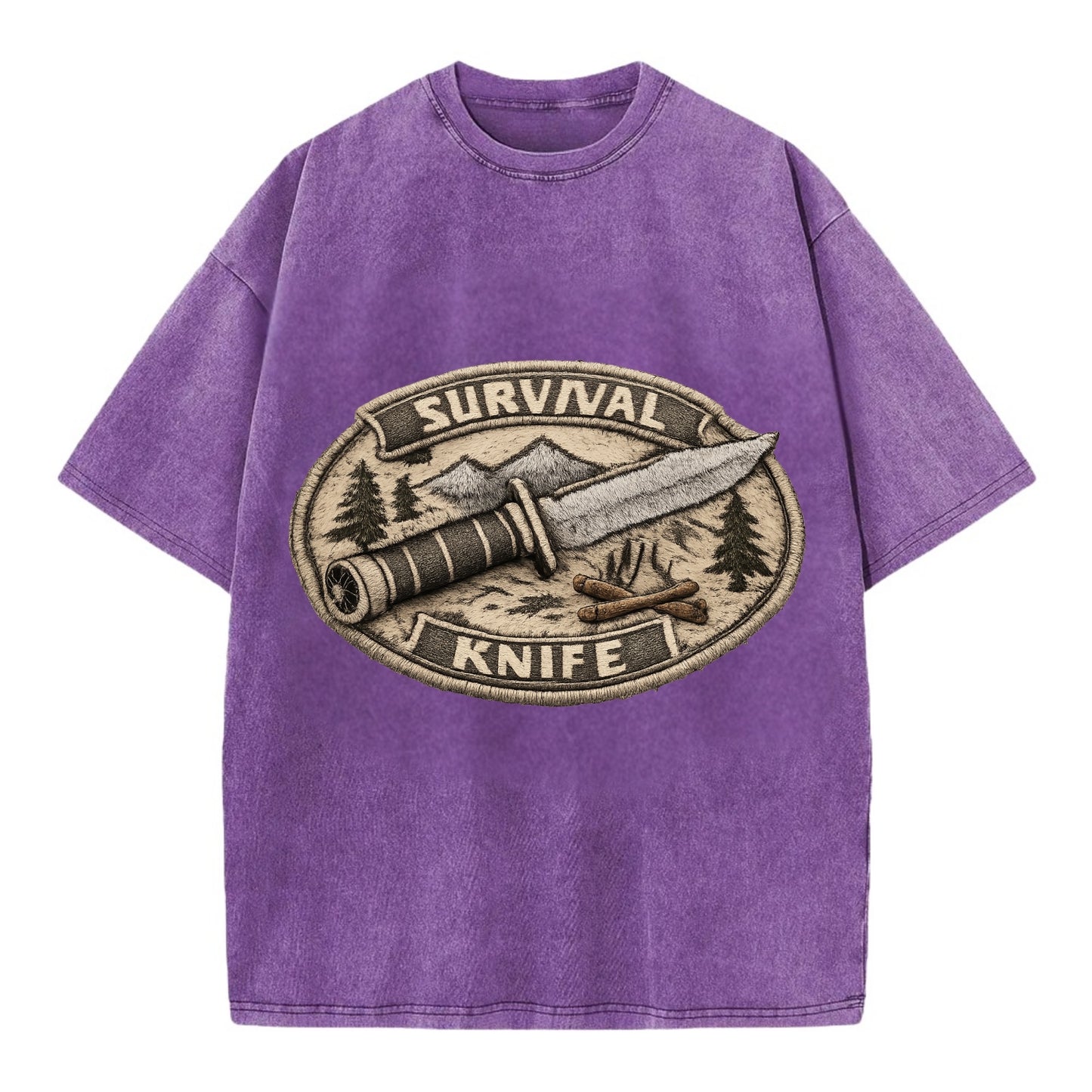 SURVIVAL KNIFE - fixed blade with compass in silver and black , bushcraft - Vintage T-shirt - Purple