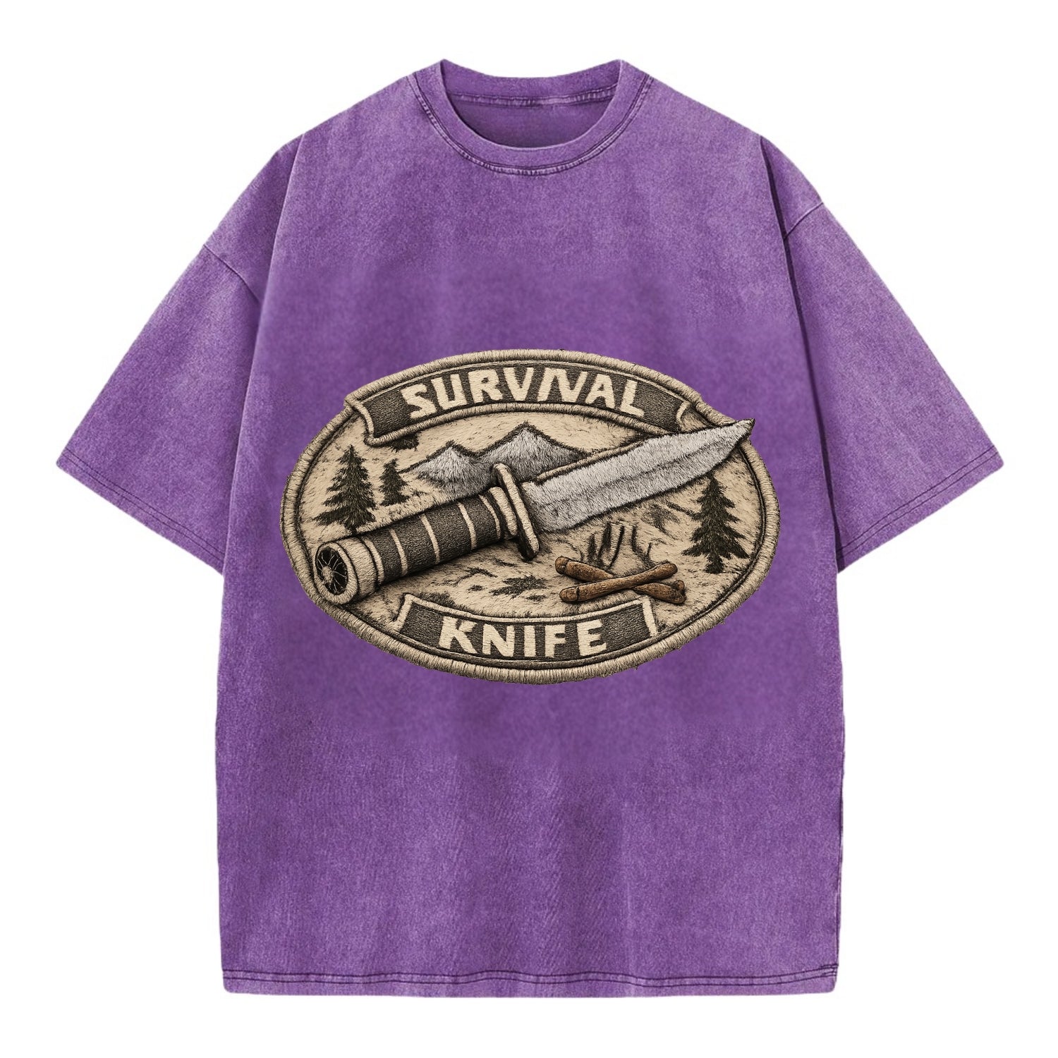 SURVIVAL KNIFE - fixed blade with compass in silver and black , bushcraft - Vintage T-shirt - Purple