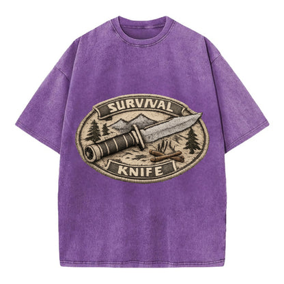 SURVIVAL KNIFE - fixed blade with compass in silver and black , bushcraft - Vintage T-shirt - Purple