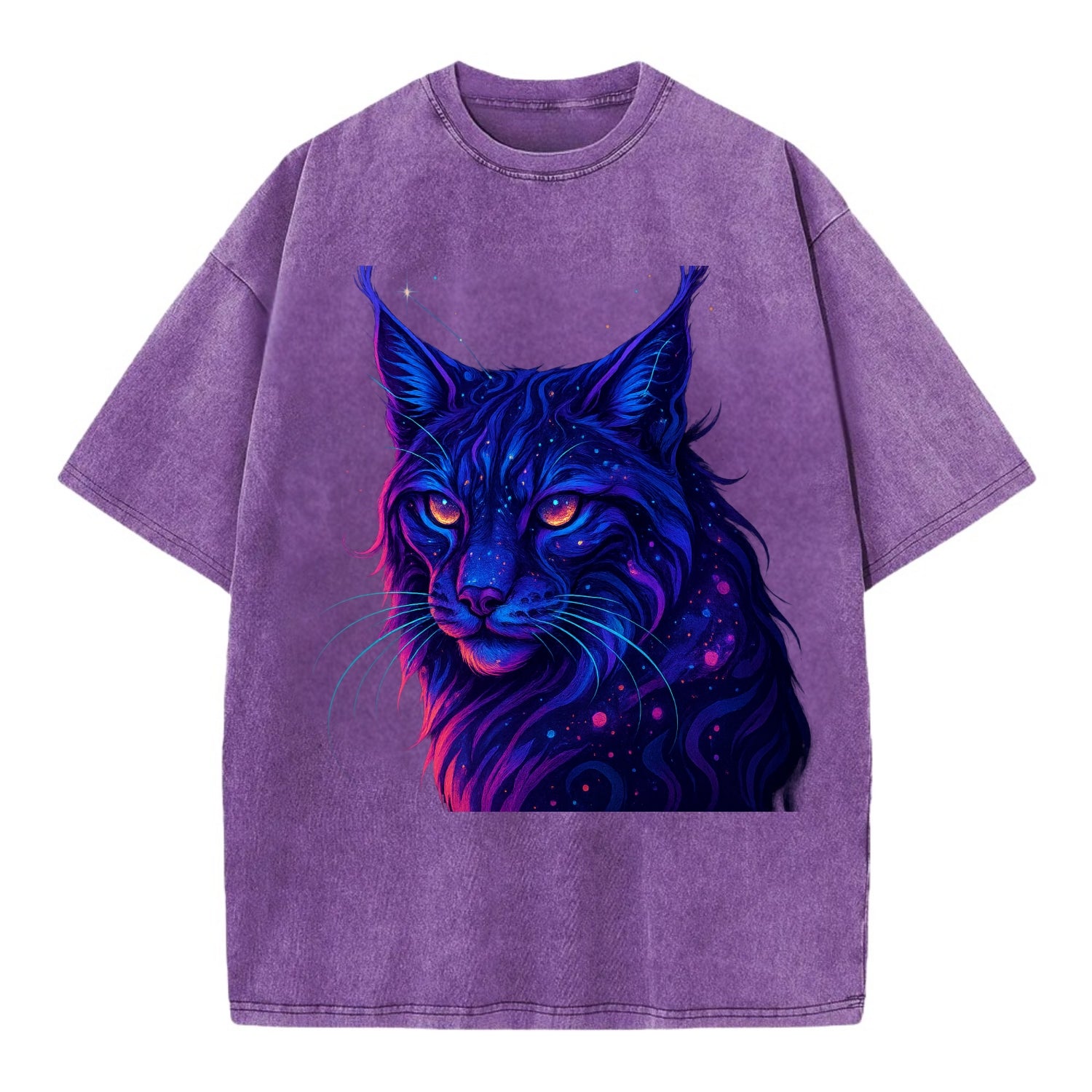 Stealthy lynx with ear tufts forming constellation patterns, nebula spots across - Vintage T-shirt - Purple