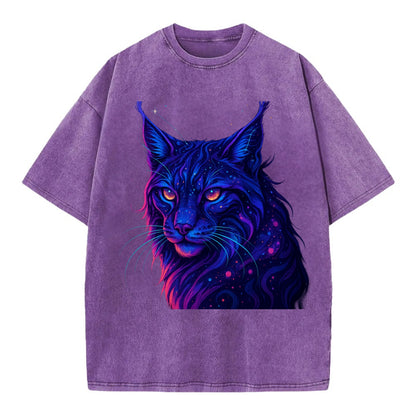 Stealthy lynx with ear tufts forming constellation patterns, nebula spots across - Vintage T-shirt - Purple
