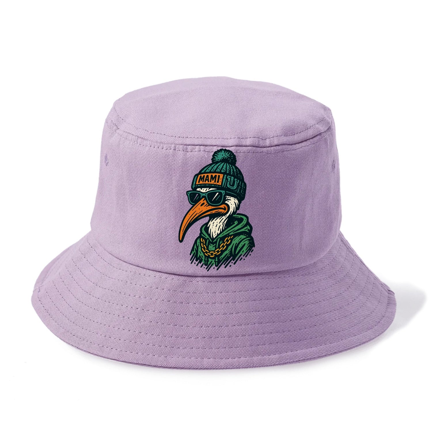 Coral Gables Ibis wearing Miami beanie with U patch - Bucket Hat - Purple